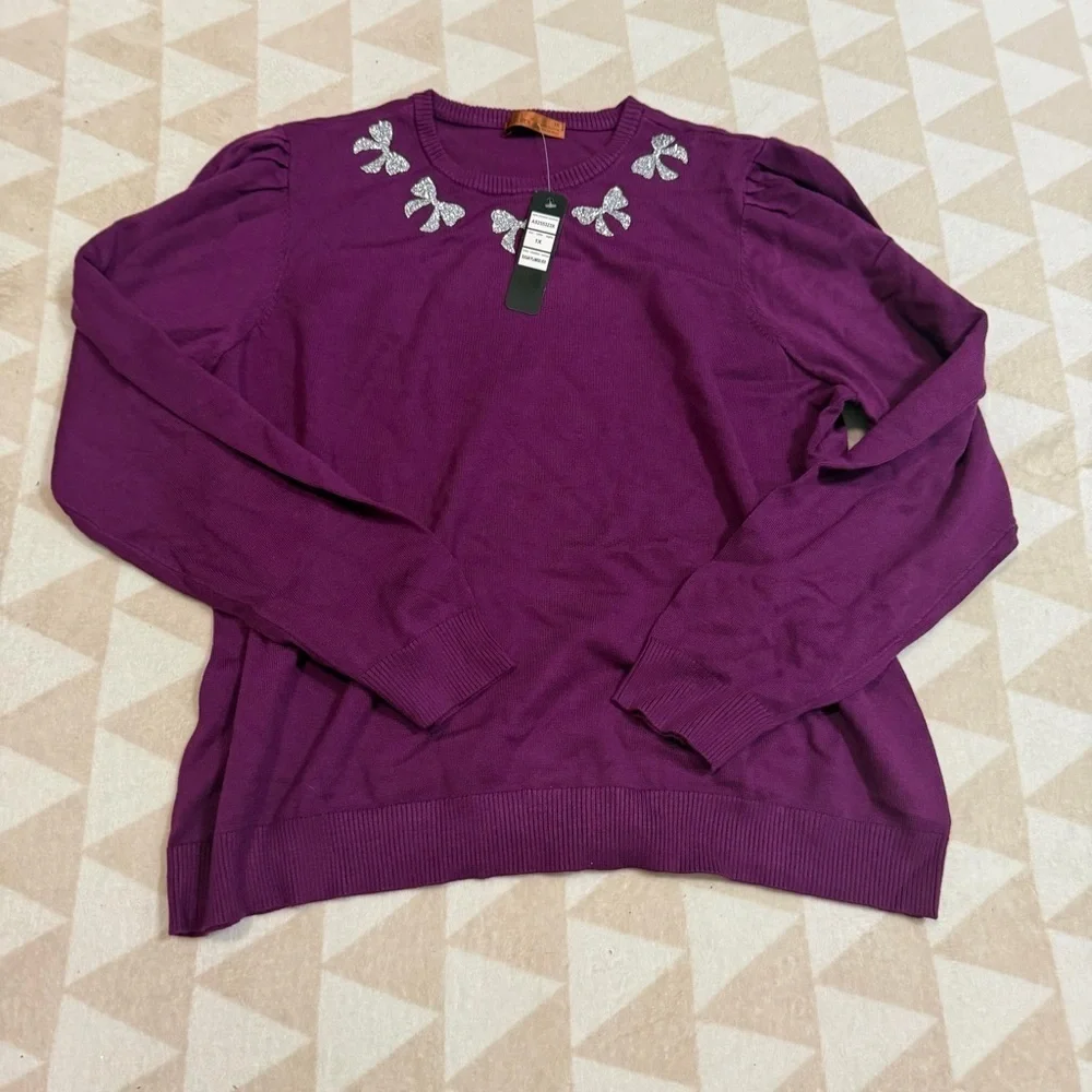 Belldini plus size purple embellished bow neck sweater sugar plum